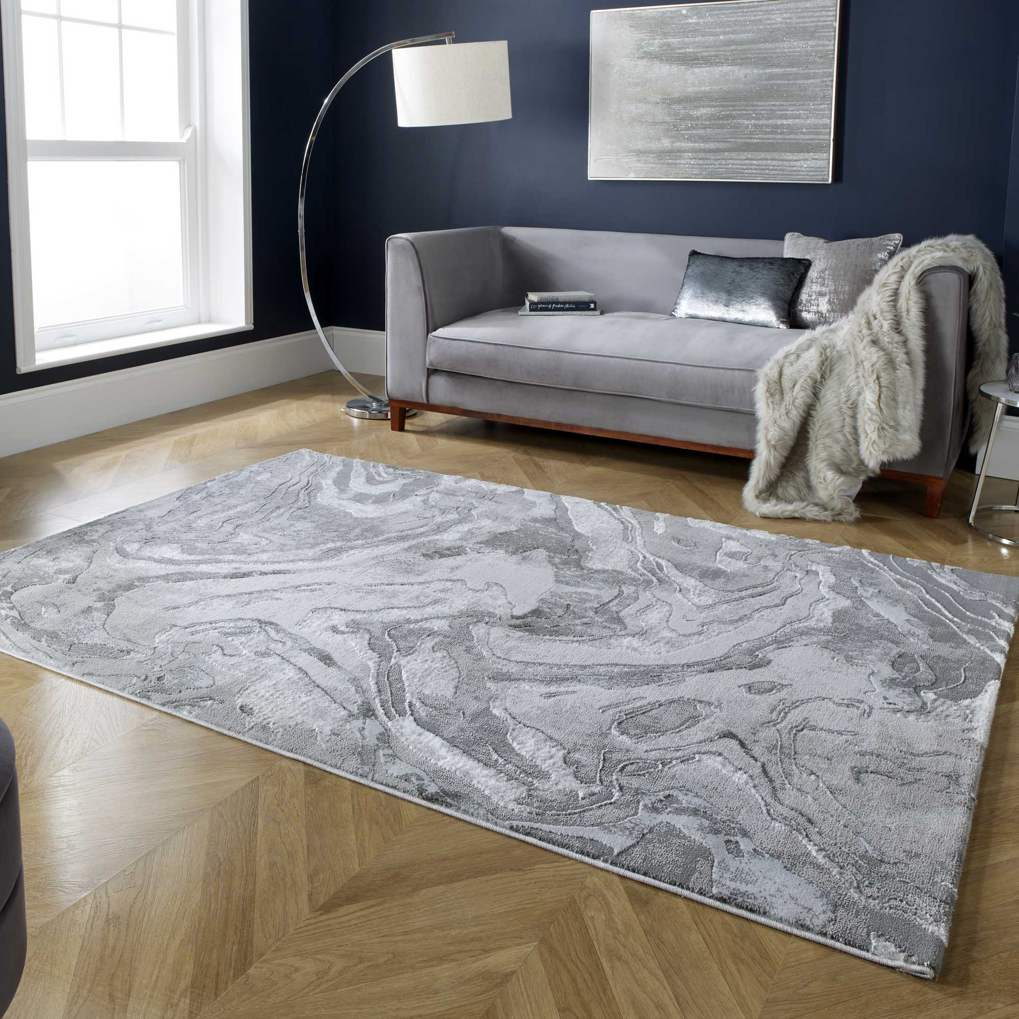 Eris Marbled Modern Abstract Rugs In Silver Grey